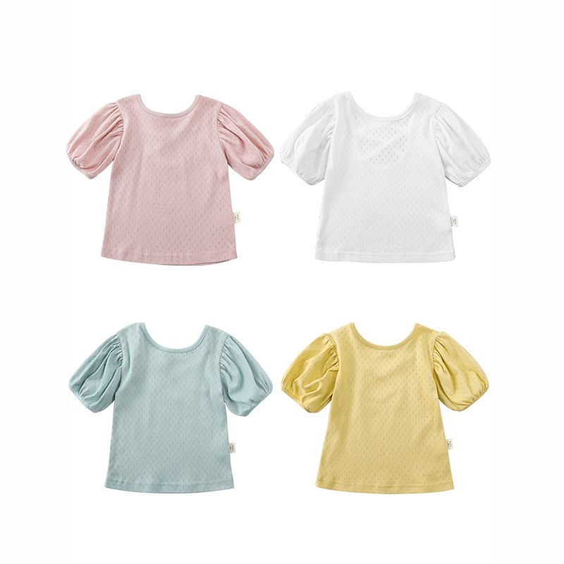 鳥眼簍空泡泡袖上衣-黃色