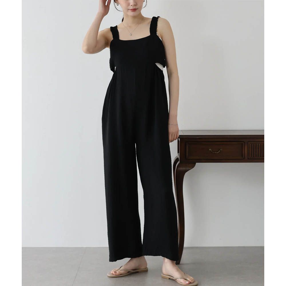 夏季清爽質感側腰鏤空連身褲-黑 (M)