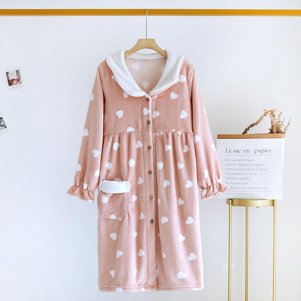 法蘭絨暖暖長袖連身睡衣-愛心-粉色