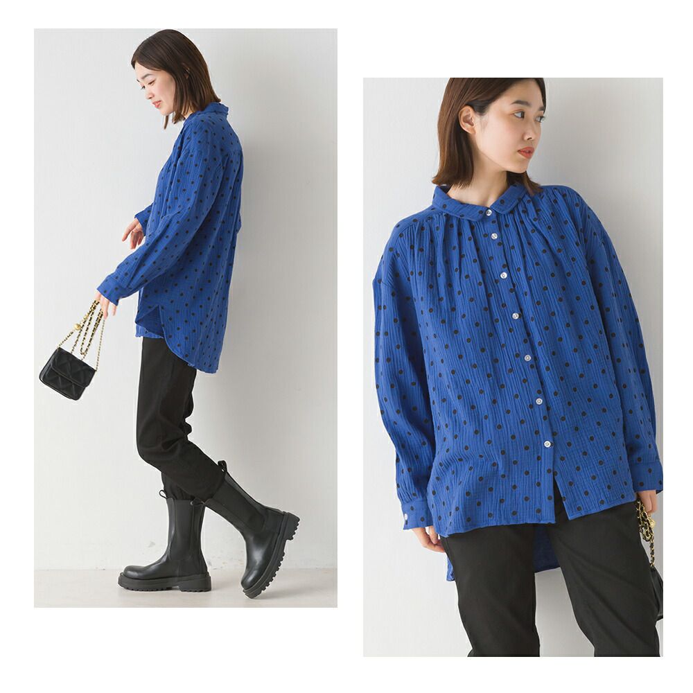 日本 OMNES - 翻領質感二重紗長袖襯衫-格紋-灰黑