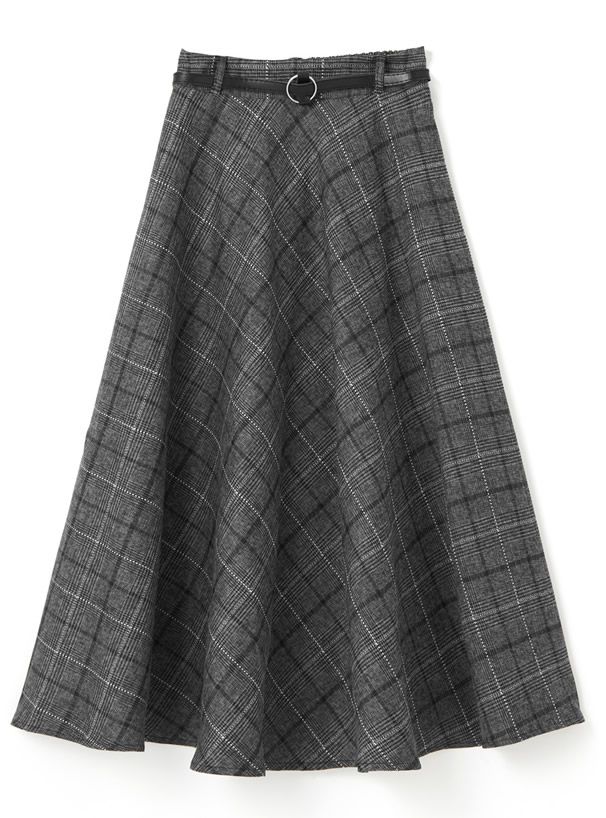 日本 GRL - 學院風格紋顯瘦傘裙/長裙(附皮帶)-深灰 (M)