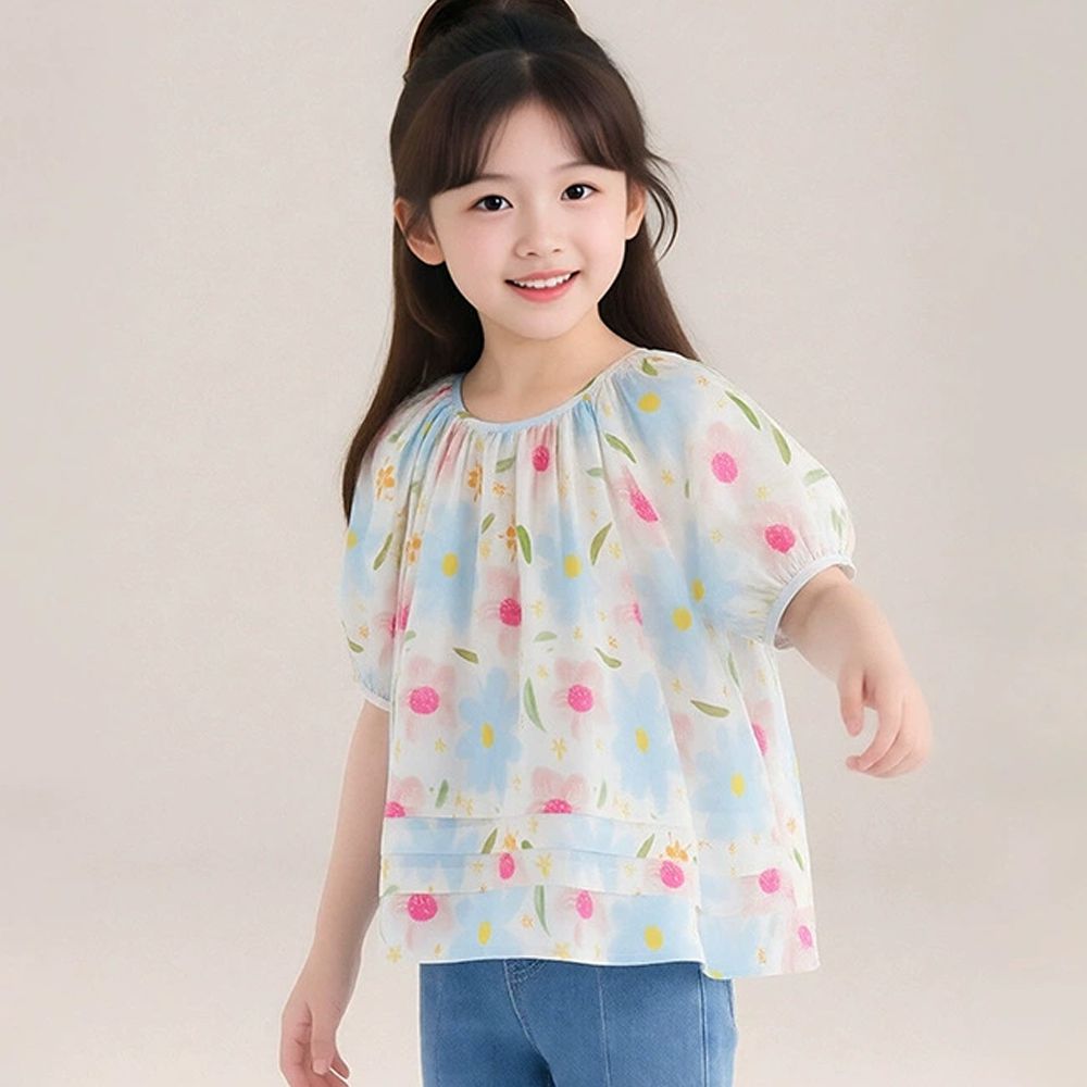 純棉清新印花澎澎短袖上衣-粉藍