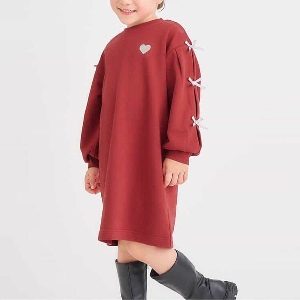 蝴蝶結綁帶刺繡愛心長袖洋裝-紅