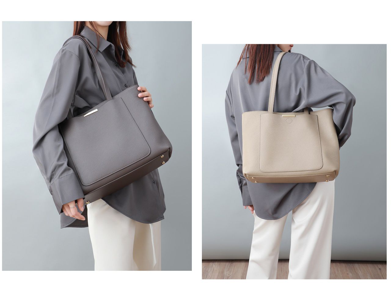 真皮大容量托特包-A4可放-淺灰色 (34x24x13cm)