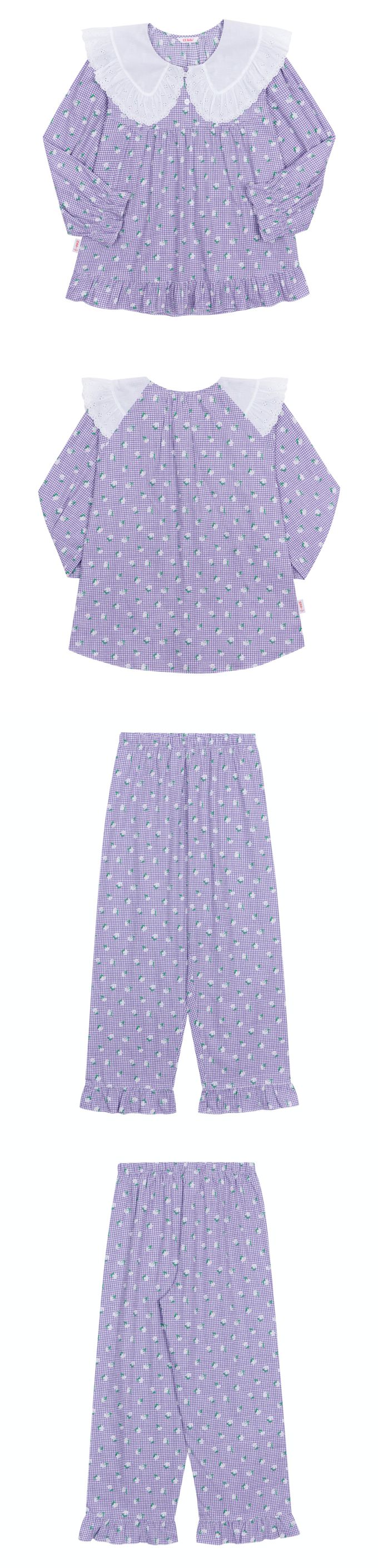 韓國 ULLALA - 細格花布裝飾長袖睡衣套裝-(兩件式)-紫 (FREE)