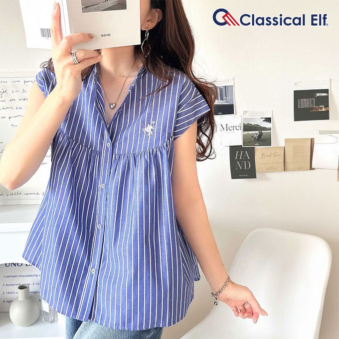 日本 Classical Elf - 刺繡logo成熟俐落法式袖襯衫-藍底白條紋