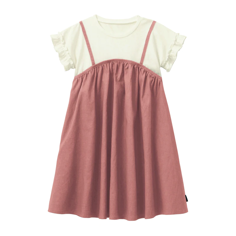 日本千趣會 - 假兩件吊帶棉麻透氣荷葉袖洋裝-條紋x卡其