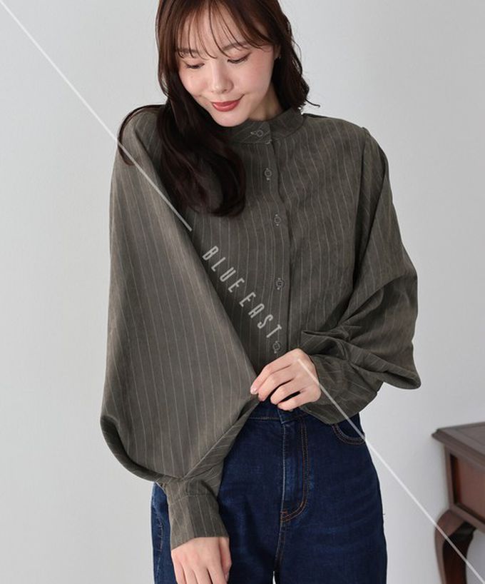 日本 BLUE EAST - 知性小立領澎澎氣球袖襯衫-奶茶