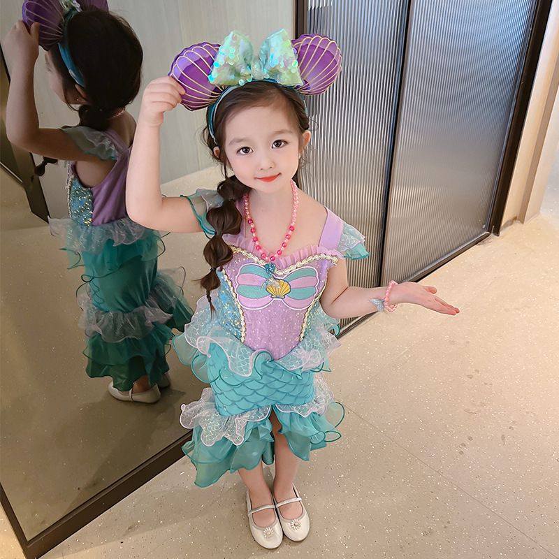 無袖造型萌萌連身公主裙-卡通人物-美人魚-藍綠+紫