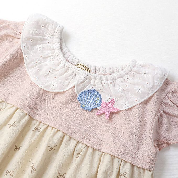 日本 ZOOLAND - 貝殼蕾絲領緹花短袖上衣-蝴蝶結印花-粉紅