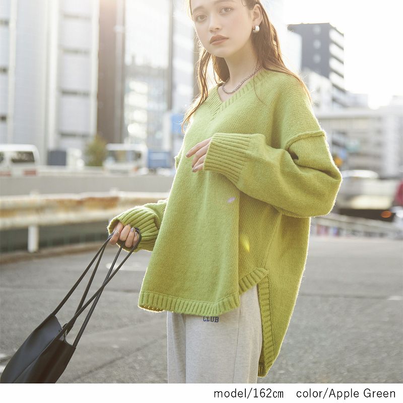 日本 Rejoule - V領落肩前短後長寬鬆針織毛衣-紫 (M(Free size))