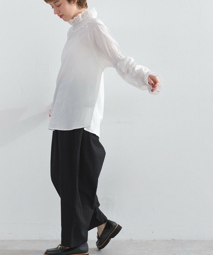 日本 Lupilien - 100%棉 典雅貝殼蕾絲宮廷長袖上衣-黑