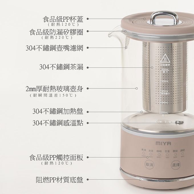 MIYA - 溫控美顏玻璃養生壺/快煮壺-MY-KT222-藕粉色