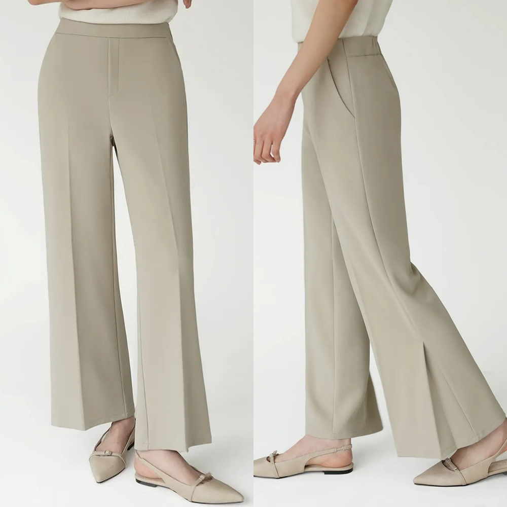 Domingoblue 後鬆緊腰職感美型寬鬆抓褶喇叭褲-灰杏