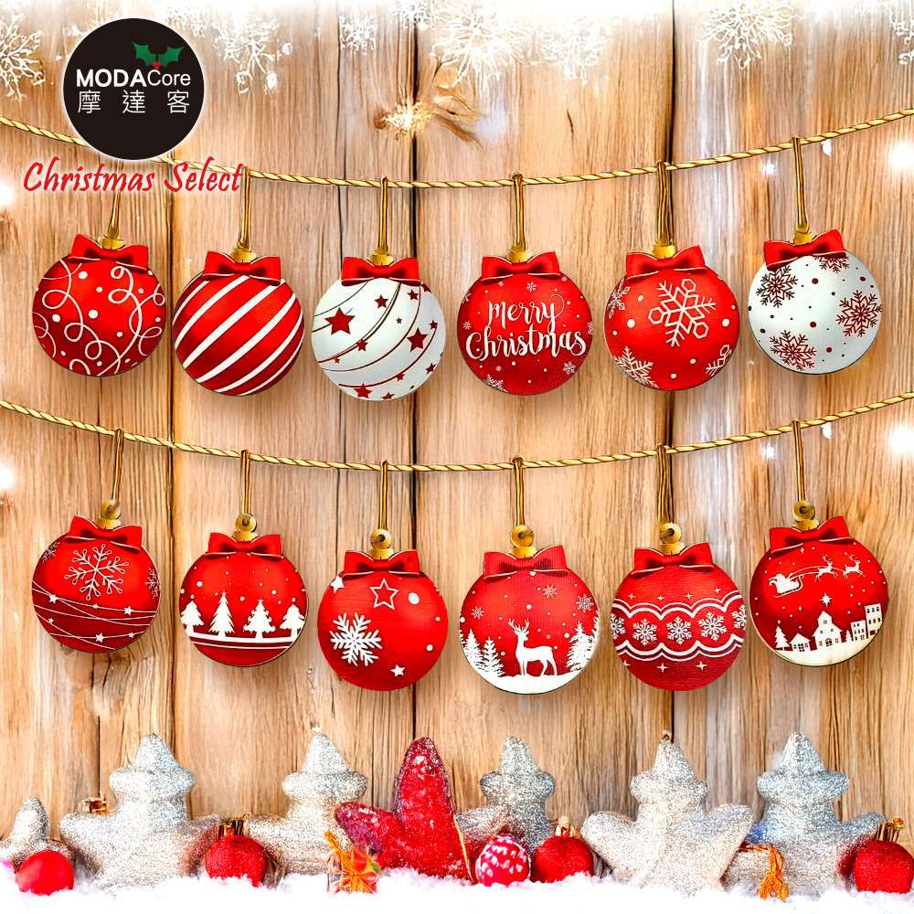 紅白彩繪球聖誕木質吊飾-12款圖案36件組-交換禮物耶誕派對佈置