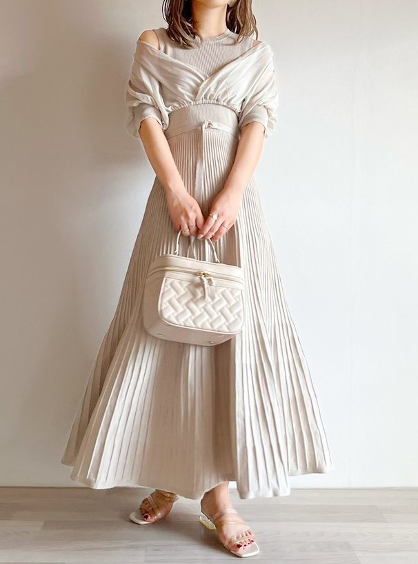 日本 GRL - 夢幻薄紗泡泡袖修身兩件式洋裝-淺米杏