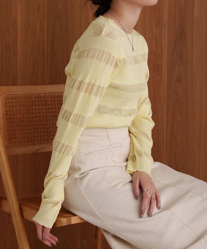 日本 Bab - 魅力條紋透膚針織長袖上衣-灰