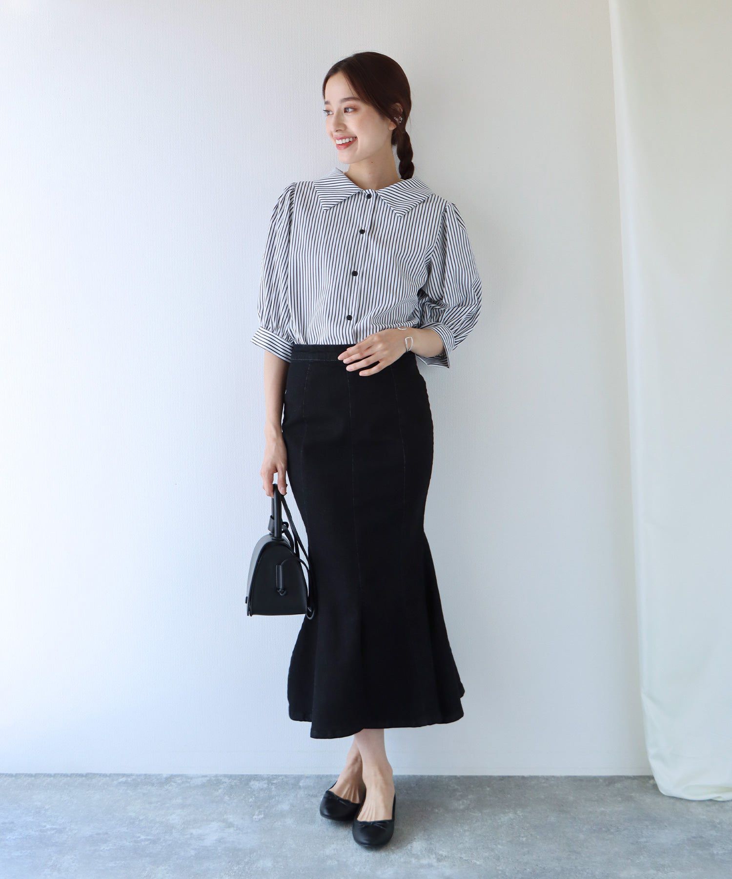 日本 BLUE EAST - 百搭翻領澎澎袖襯衫-直條紋-水藍