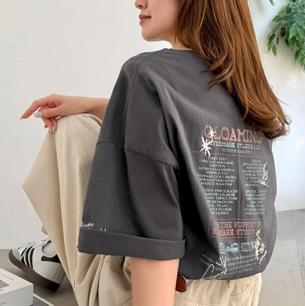 Java 純棉電影字幕風刺繡短袖上衣-(男女兼用)-炭灰