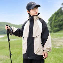 babybody - 防風防水高領連帽款衝鋒外套-拼色杏