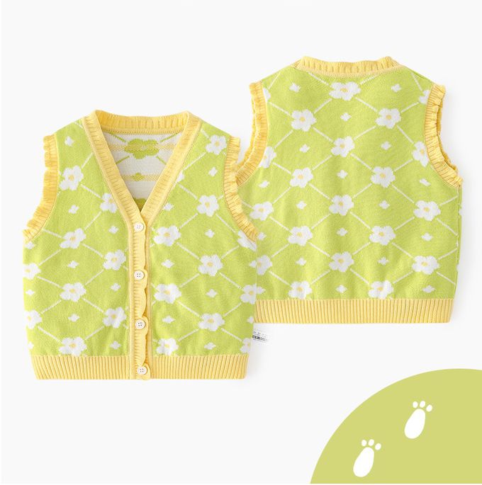 好搭V領鈕釦針織背心-花朵-黃+綠色