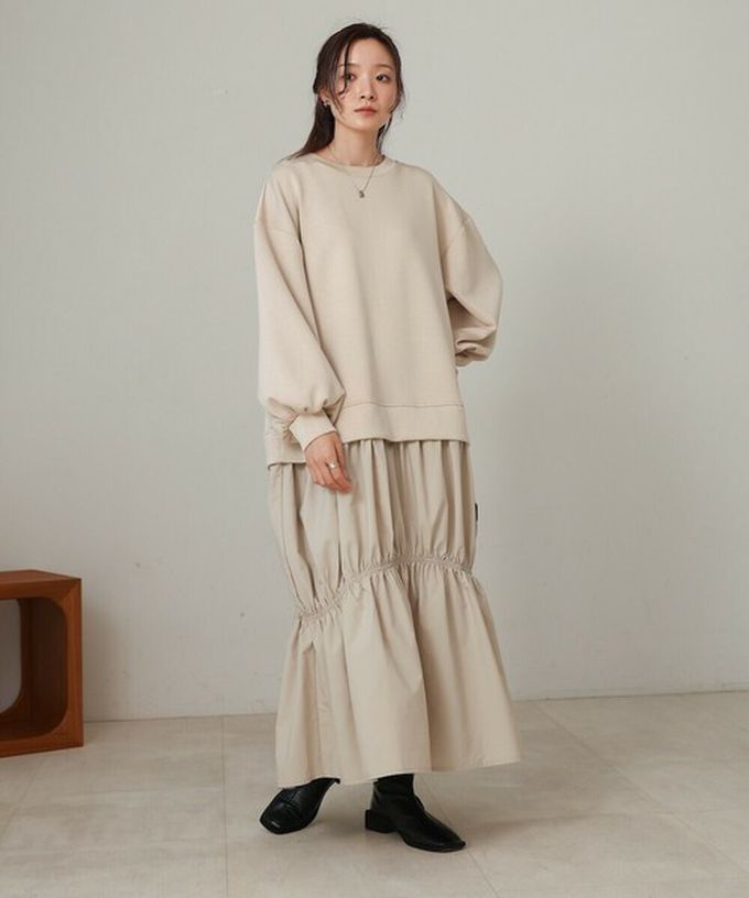 日本 Bab - 柔美造型皺摺拼接長袖洋裝-淺杏