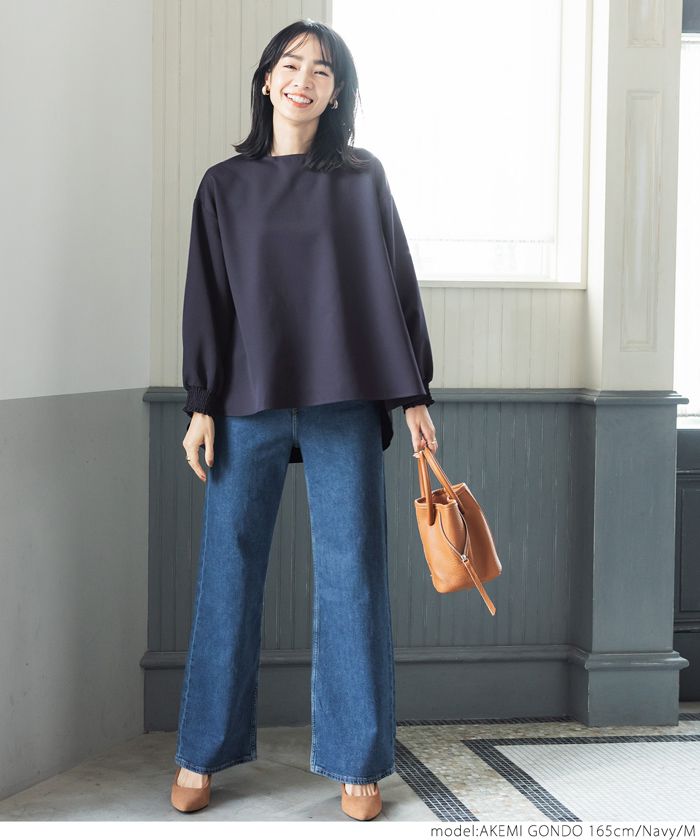 日本 COCA - 氣質修身前短後長抓皺袖口長袖上衣-深藍