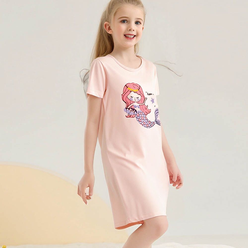 涼感莫代爾短袖連身睡裙/家居服-美人魚-粉色