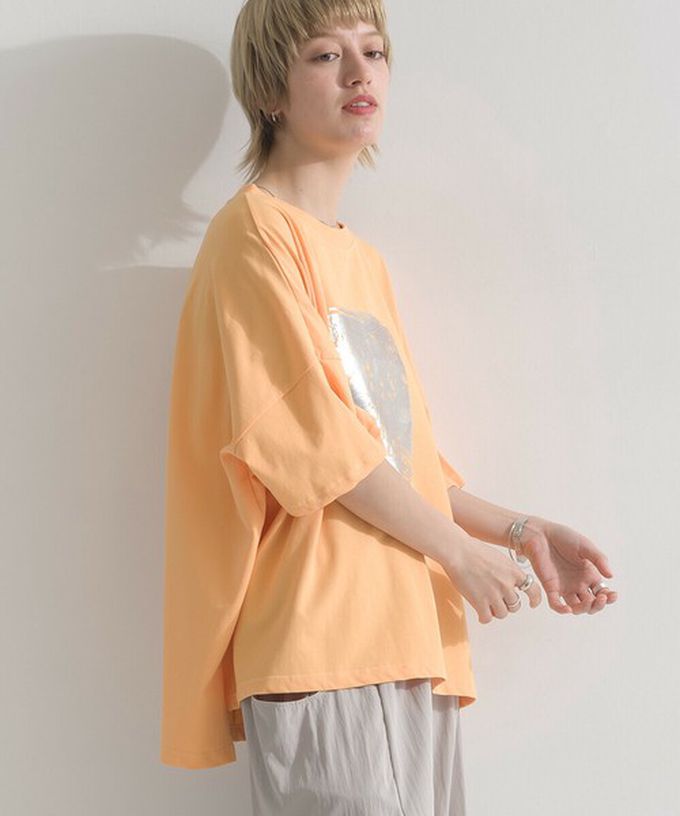 日本 le colis - 接觸冷感 金銀箔方塊印花T恤-橘