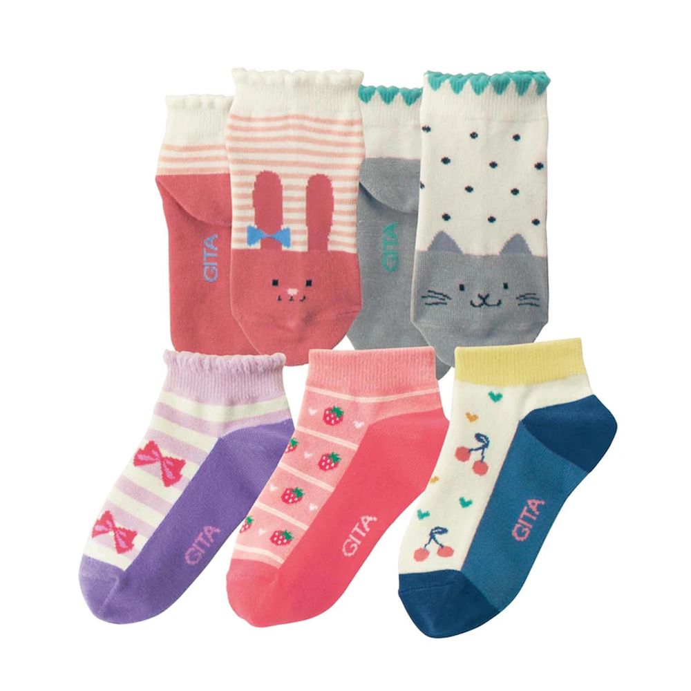 日本千趣會 - GITA 超值中筒襪五件組-可愛動物水果