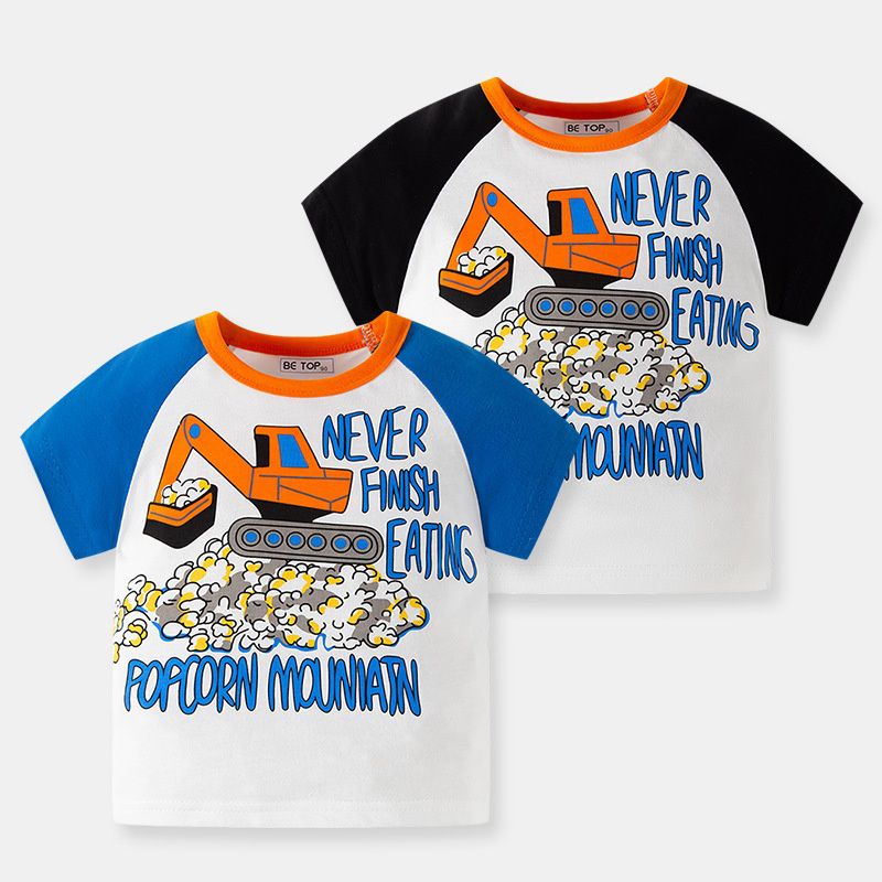 BE TOP - 純棉短袖上衣-爆米花挖掘車-黑+白