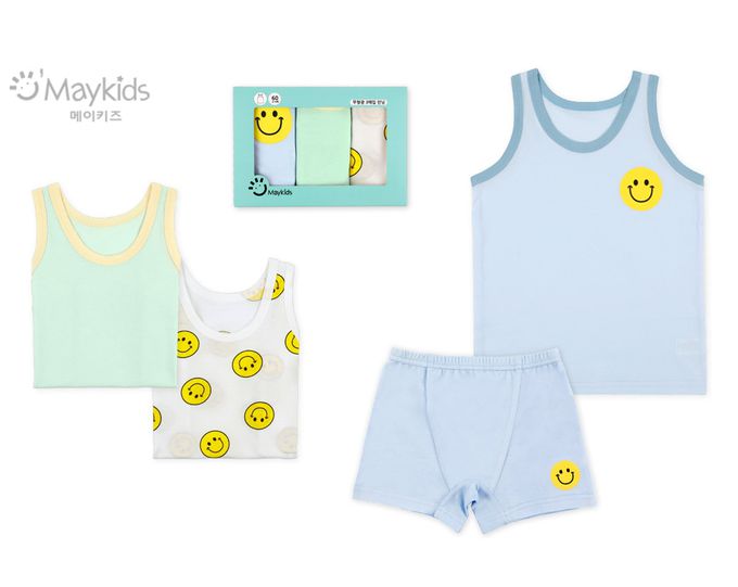 韓國 Maykids - (3入組)男寶無螢光棉親膚背心-微笑臉-白X綠X藍
