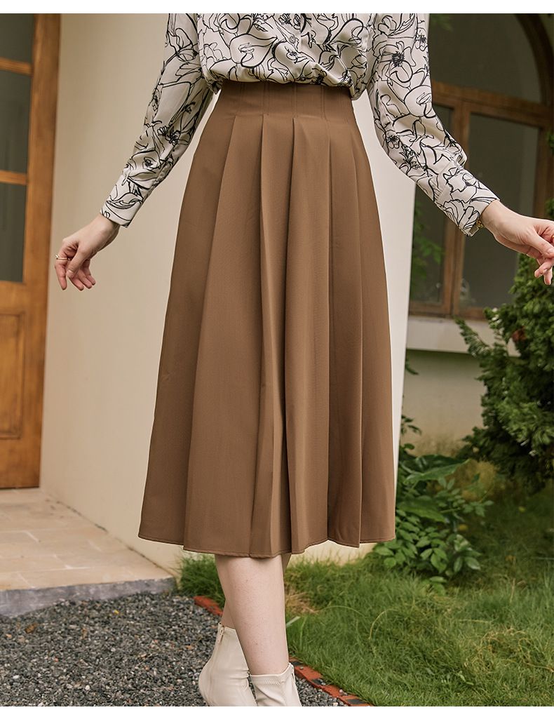 百褶高腰半身裙-焦糖色