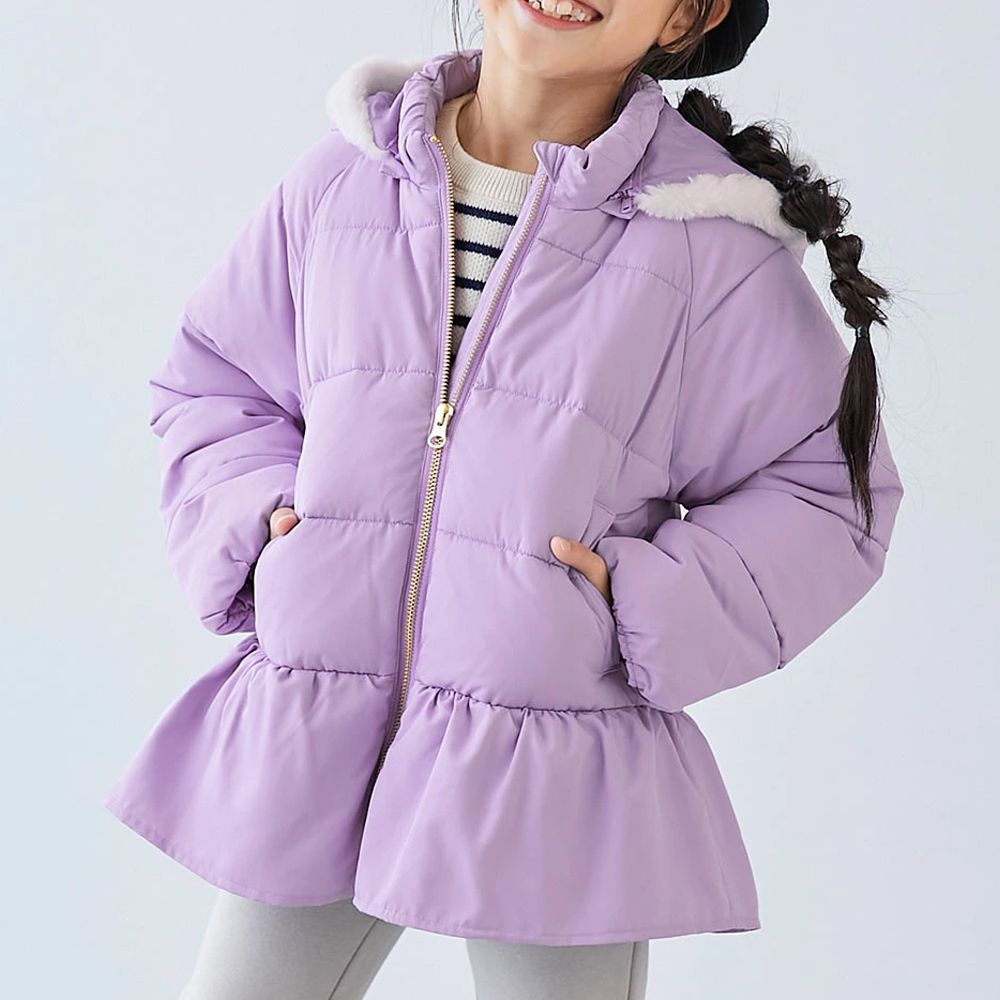 甜美下擺輕暖纖維羽絨外套(毛帽可拆)-紫丁香