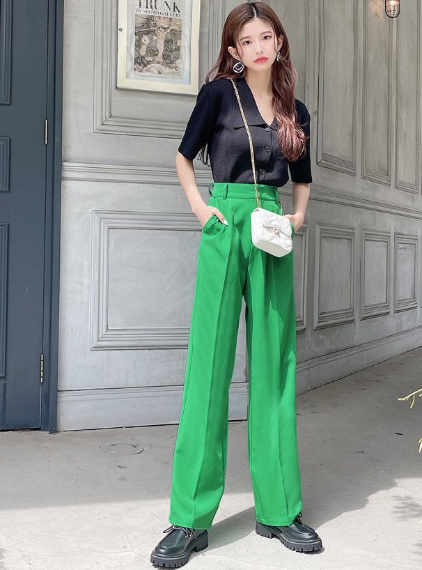 日本 GRL - 知性慵懶修身後鬆緊西裝長褲-活力黃