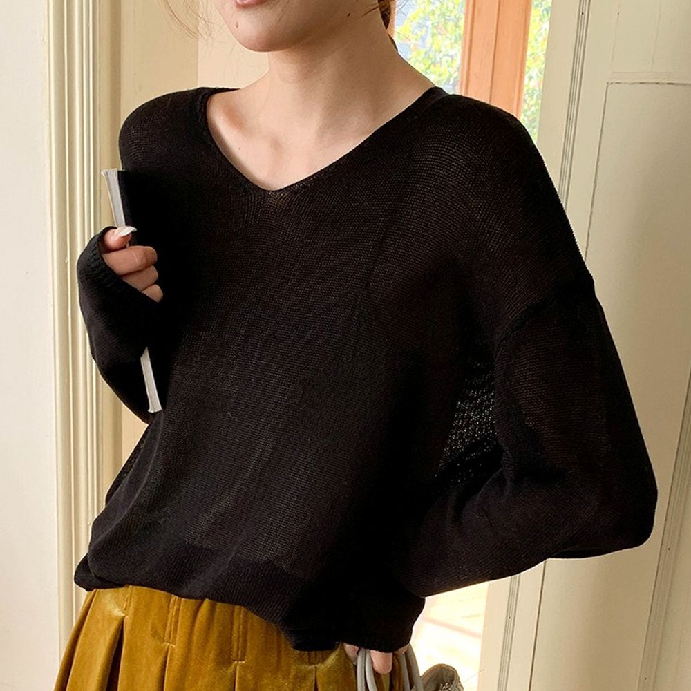 慵懶微寬鬆天絲亞麻長袖針織上衣-黑 (F)