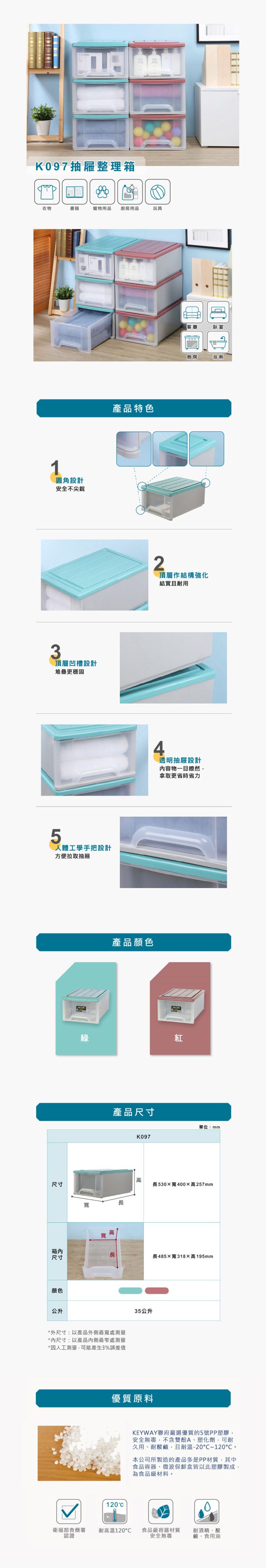 台灣KEYWAY - K097 單層抽屜整理箱-2入-2色可選-綠 (35L)