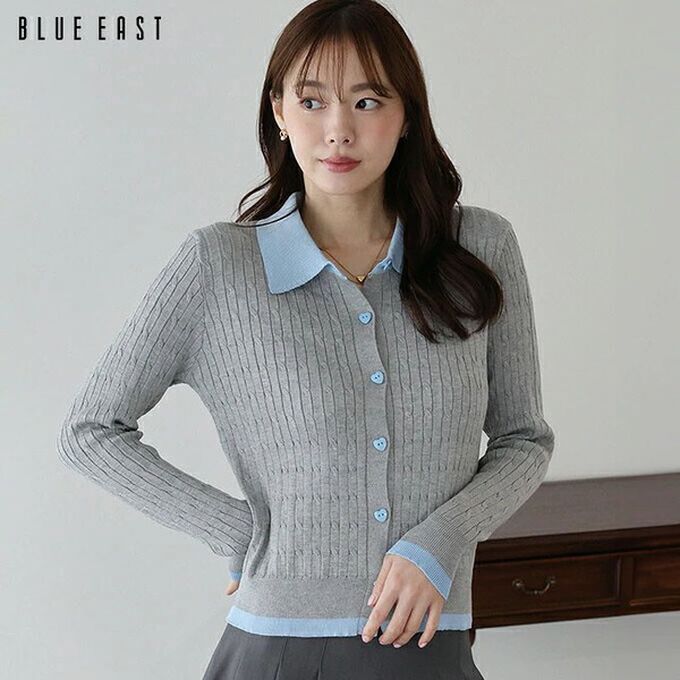 日本 BLUE EAST - 愛心扣雙色polp領麻花開襟衫-海軍藍