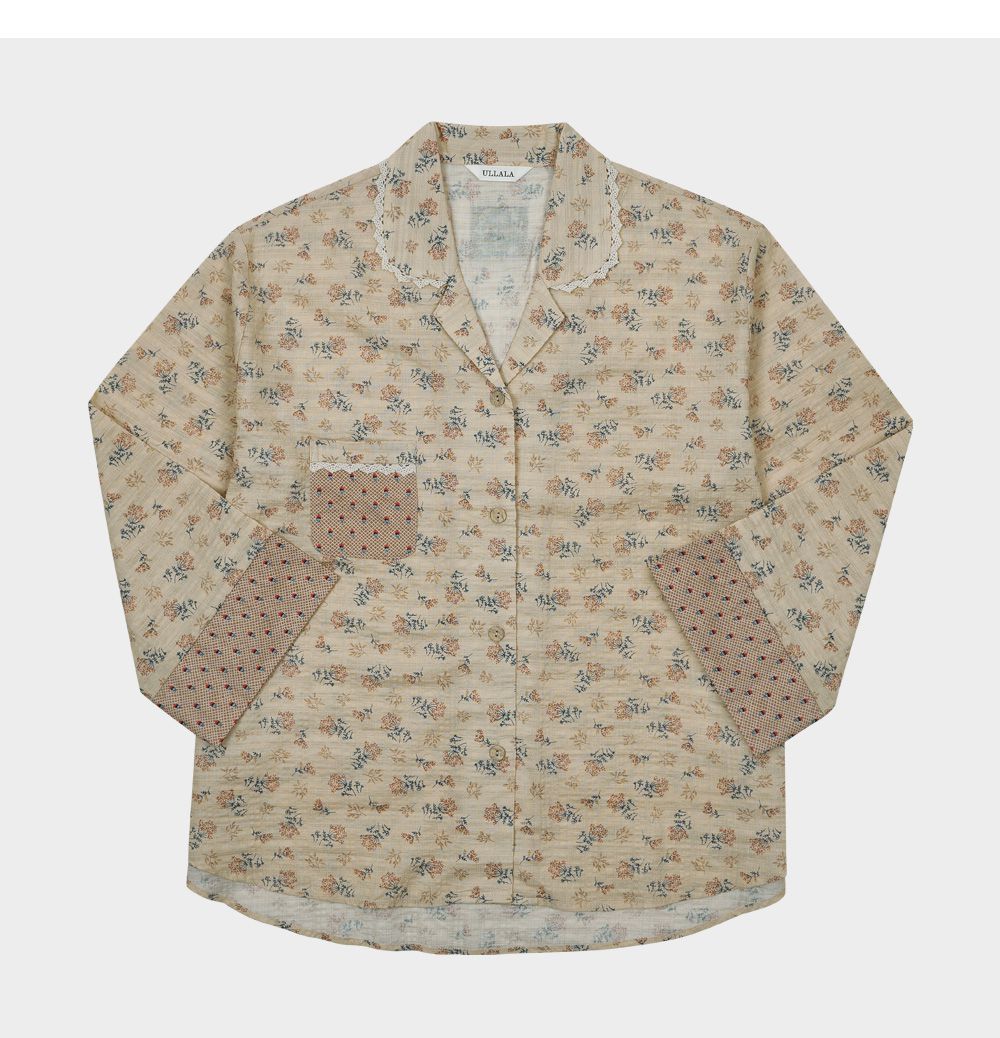 韓國 ULLALA - 圓點碎花長袖睡衣-(兩件式)-杏 (FREE)