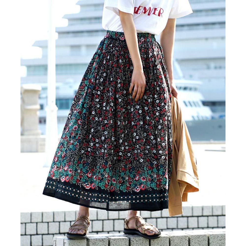 日本 zootie - 100%印度棉印花長裙-歐風紅花-黑