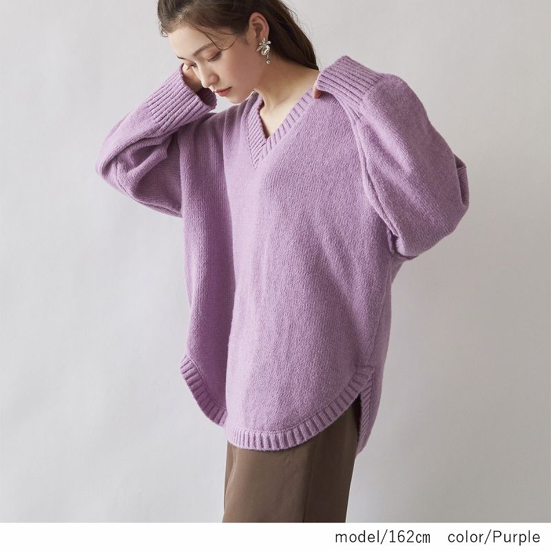 日本 Rejoule - V領落肩前短後長寬鬆針織毛衣-紫 (M(Free size))