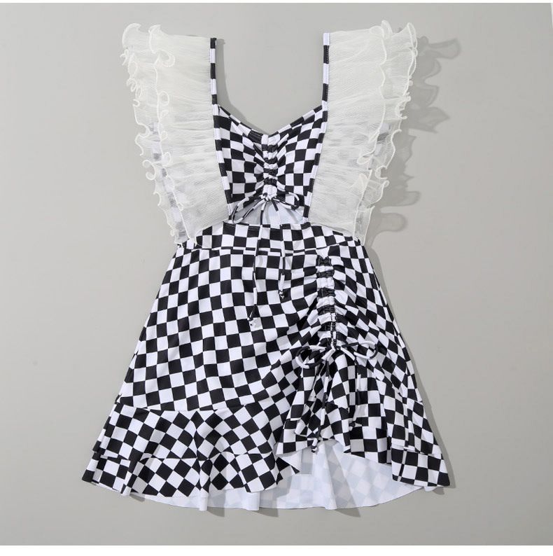 網紗荷葉格紋高腰連身泳衣-黑+白