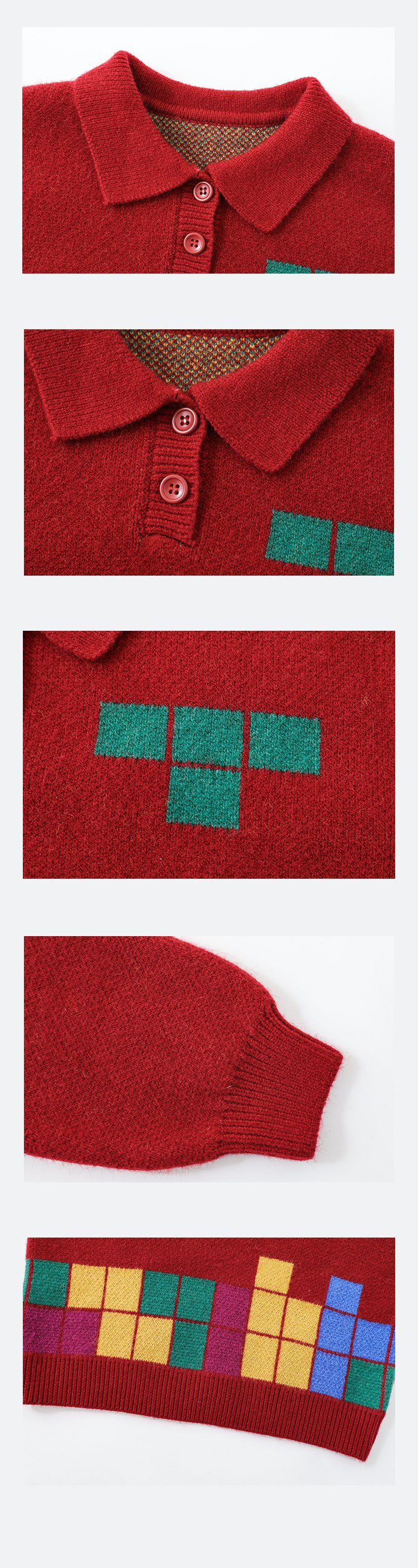 TONGMO - 復古Polo翻領針織長袖毛衣-俄羅斯方塊-黑色