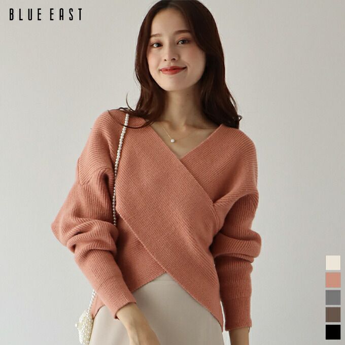 日本 BLUE EAST - 柔美交叉短版針織毛衣-淺灰