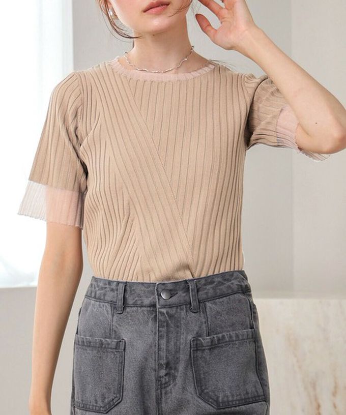 日本 Bab - 柔美異材質顯瘦羅紋五分袖上衣-炭灰