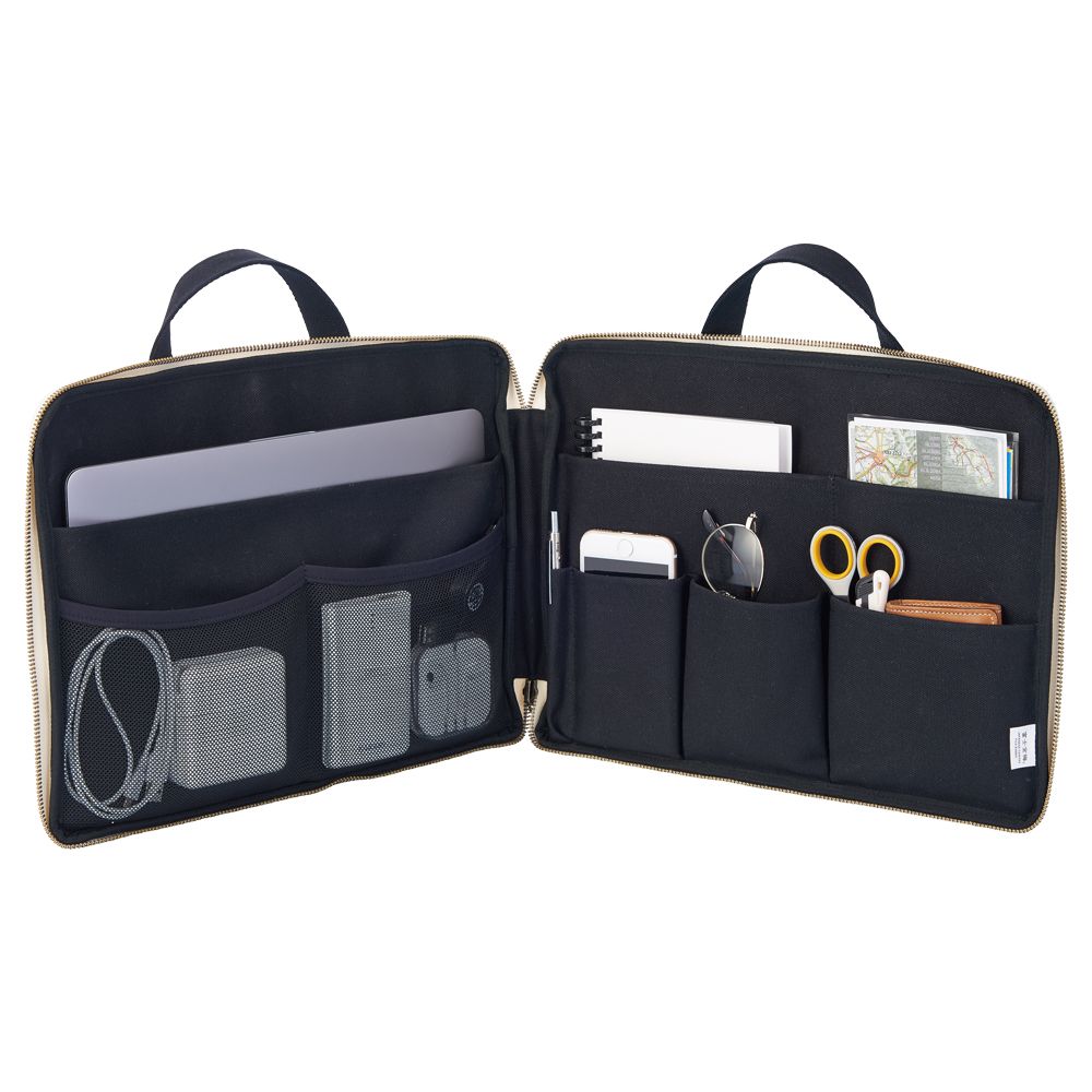 日本文具 LIHIT - 日本國產帆布雙向站立全開筆電包/公事包-深藍 (13吋適用)