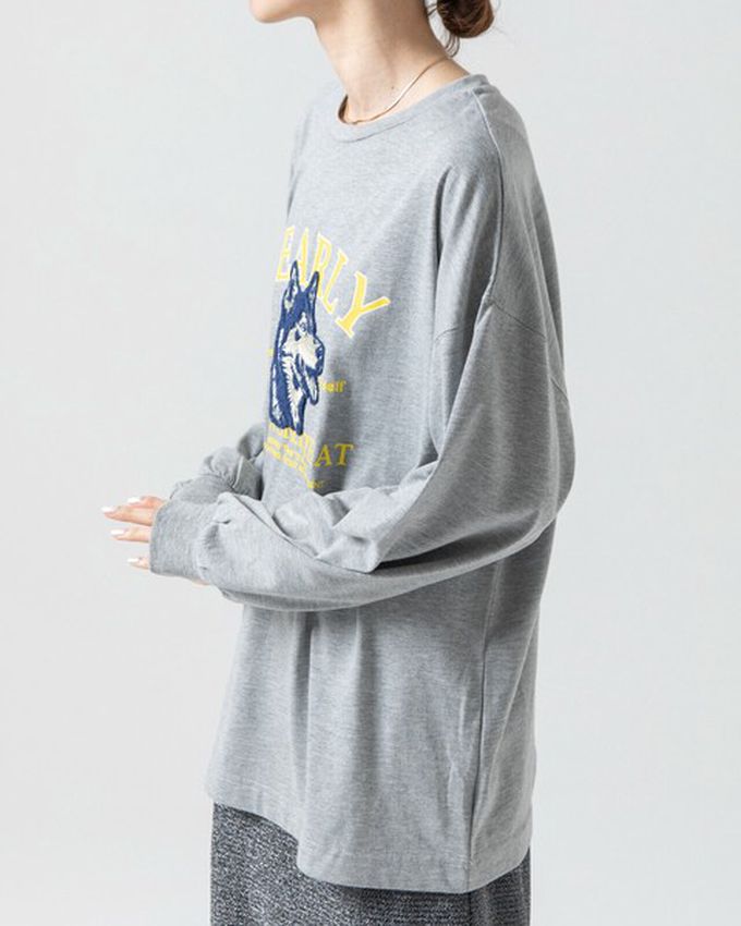 日本 gleam - 相良刺繡哈士奇印花帥氣長袖T恤-炭黑