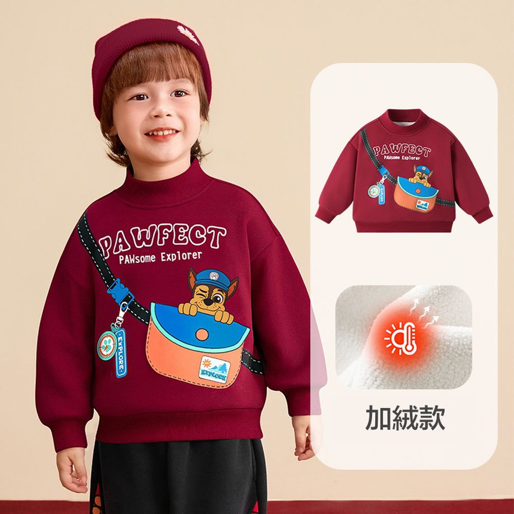 卡通汪汪隊加絨半高領長袖上衣/大學T-趣味包包印花-深紅
