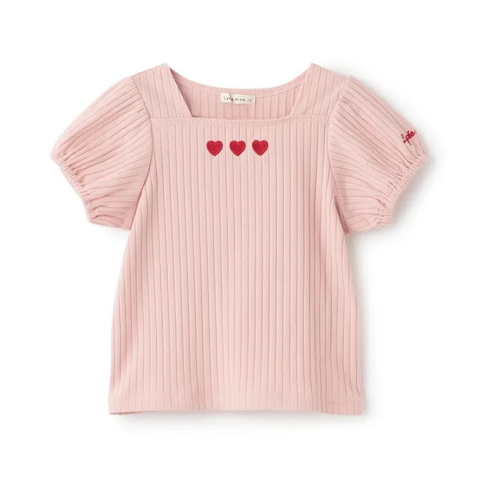 日本 Lycee mine - 方領羅紋可愛刺繡泡泡短袖上衣-小花-深藍