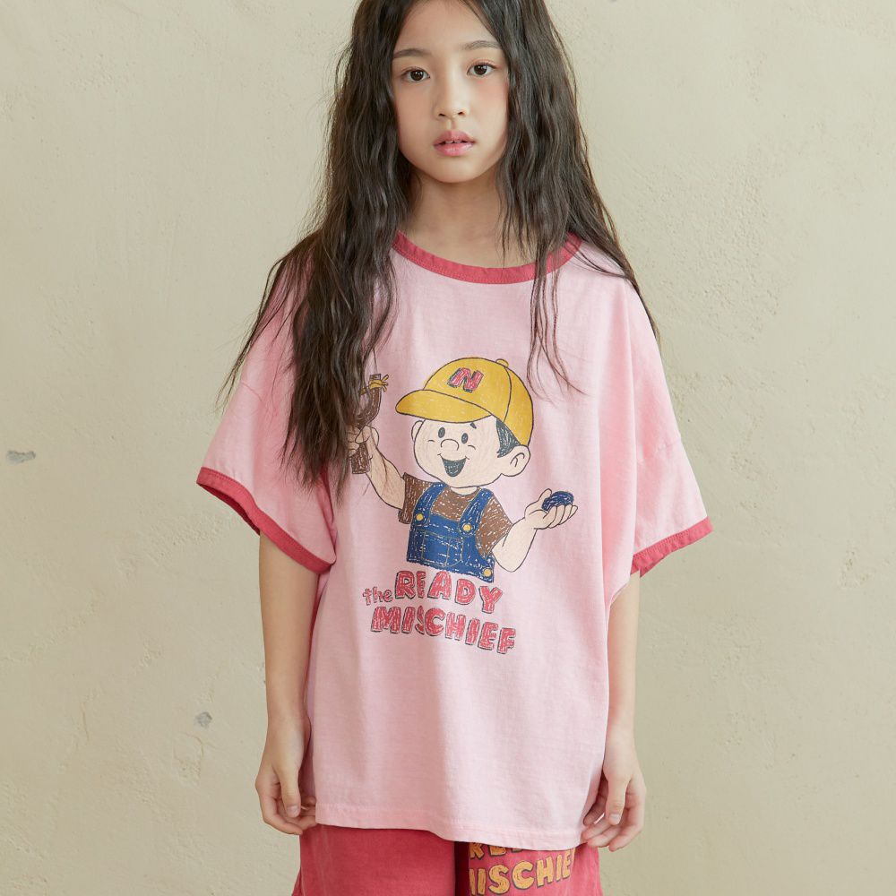 NAVi 淘氣塗鴉男孩純棉落肩袖上衣-粉